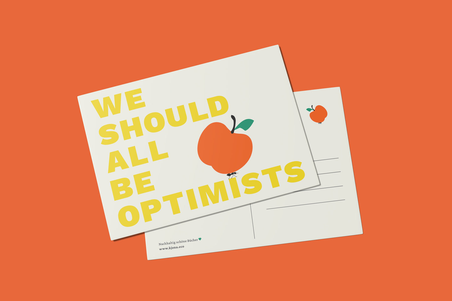 Rück- und Vorderseite einer Karte aus dem Set »We should all be optimists« mit gelbem Text und Apfelmotiv, gedruckt auf 100 % Recyclingpapier.