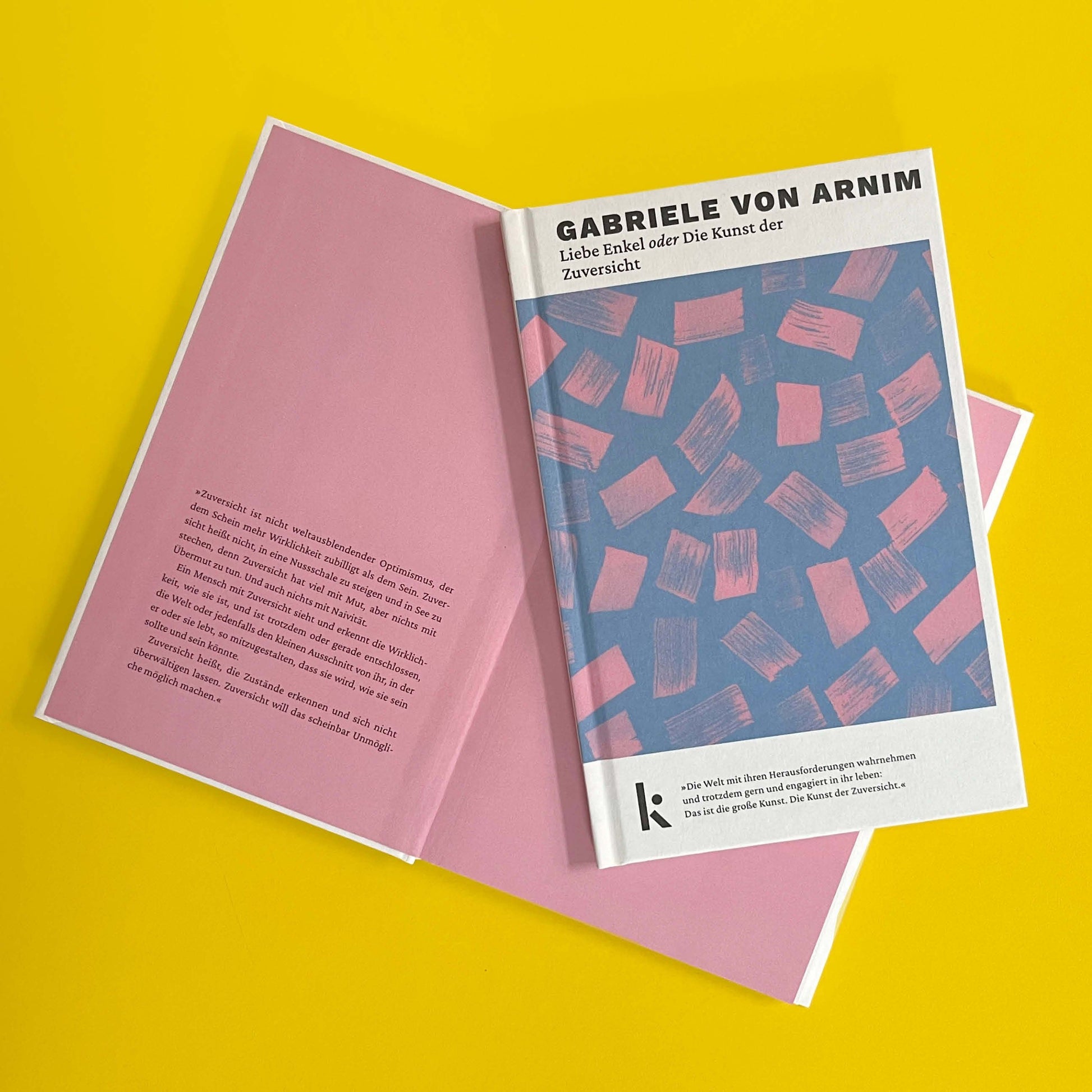 Foto von »Liebe Enkel oder die Kunst der Zuversicht«, aufgeschlagen im Hintergrund mit Klappentext, Cover im Vordergrund.