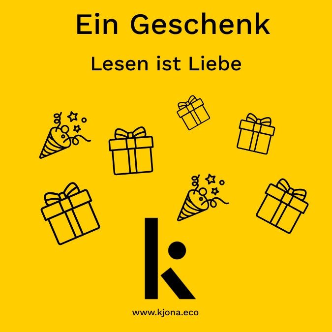 Kjona Geschenkgutscheine für dich und deine Lieben mit fröhlichem Design, Geschenk-Icons und zwei lächelnden Männern auf pink-blauem Hintergrund. Ideal als nachhaltige Geschenkidee für Bücherfreunde.