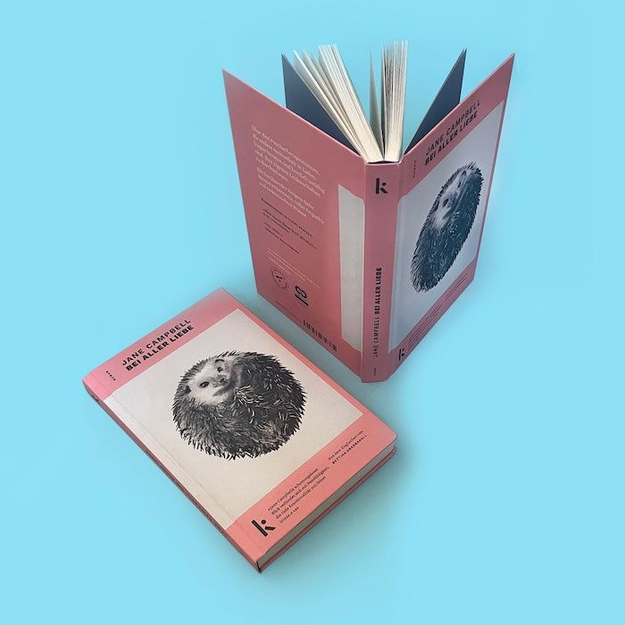 Foto von »Bei aller Liebe«, eine Buchvorderseite, eins daneben aufgestellt von oben.