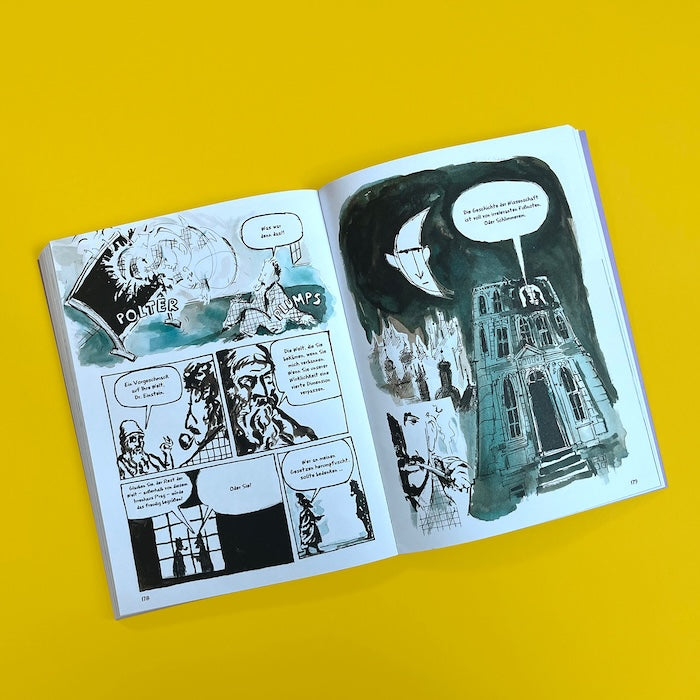 Aufgeschlagene Seiten der Graphic Novel 'Einstein in Kafkaland' mit schwarz-weißen Illustrationen und philosophischen Dialogen.