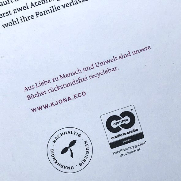 Ausschnitt der Rückseite von »Unberechenbar« mit Hinweisen zur Nachhaltigkeit.