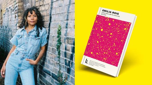 Zweigeteilte Grafik – links lehnt Emilia Roig an einer Mauer – rechts sieht man das Cover zum neuen Buch »LIEBER SOHN oder So rettest du die Welt«