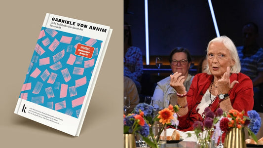 Zweigeteilte Grafik – links das Cover zu Gabriele von Arnims Buch »Liebe Enkel Oder die Kunst der Zuversicht« – rechts ein Ausschnitt aus der NDR Talkshow mit Gabriele von Arnim im Gespräch. 
