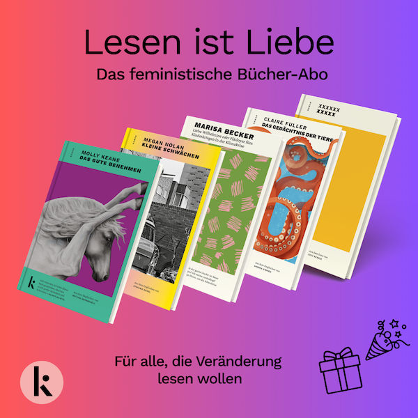 Feministisches Bücher-Abo von Kjona: Fünf moderne Buchcover mit dem Slogan ‚Lesen ist Liebe‘ auf farbigem Verlaufshintergrund. Ideal für alle, die Veränderung lesen wollen.