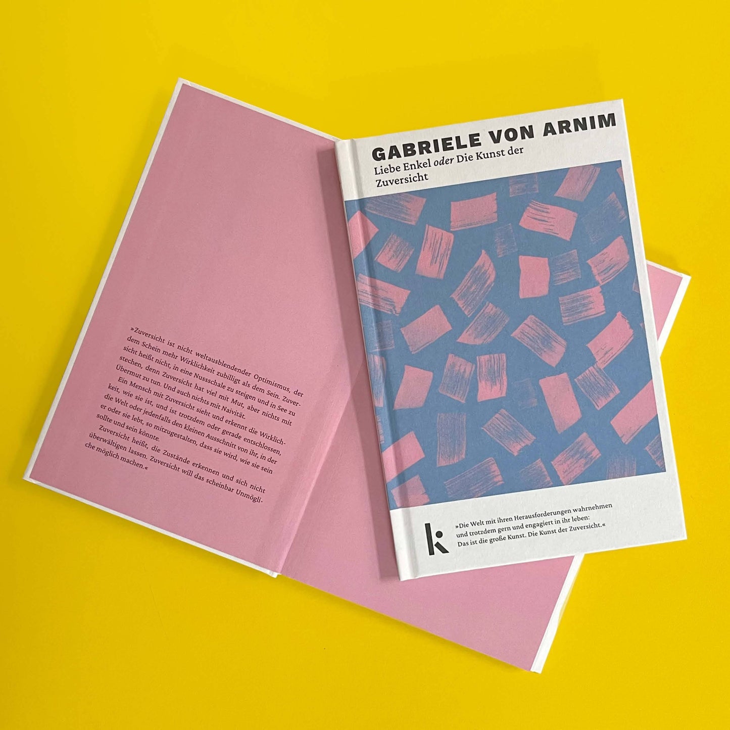 Foto von »Liebe Enkel oder die Kunst der Zuversicht«, aufgeschlagen im Hintergrund mit Klappentext, Cover im Vordergrund. 