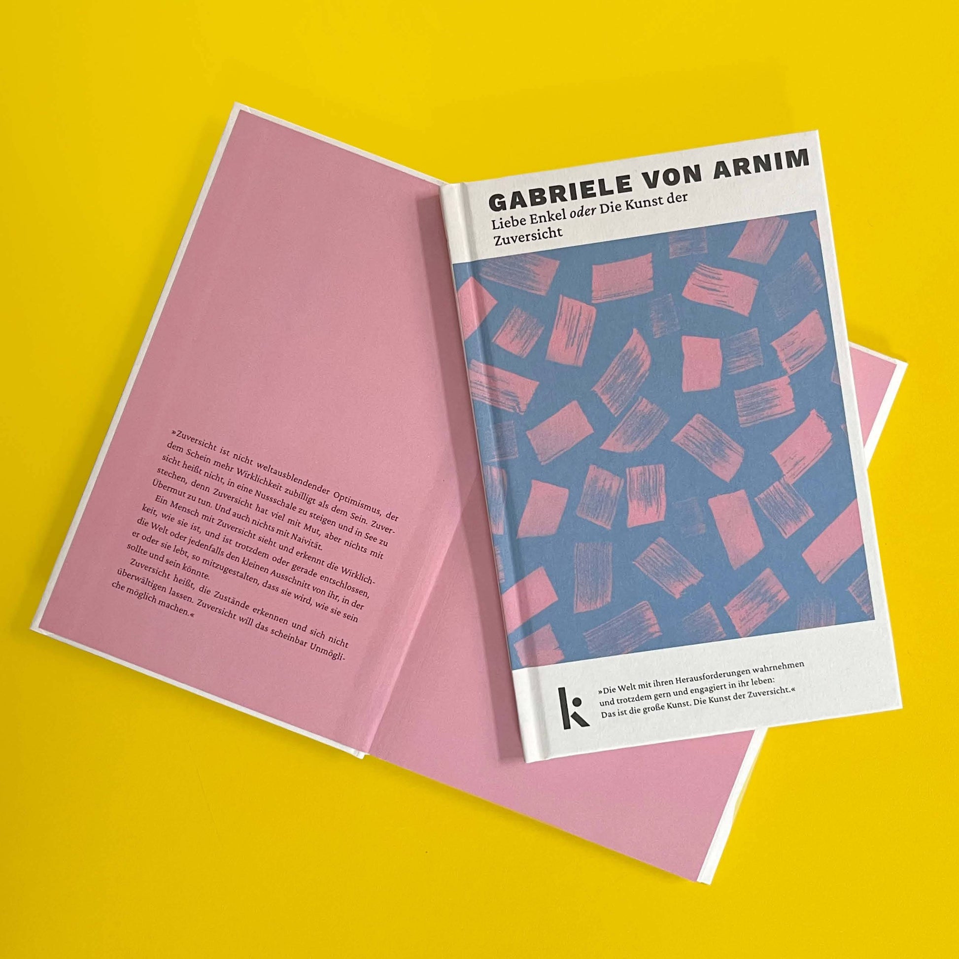 Foto von »Liebe Enkel oder die Kunst der Zuversicht«, aufgeschlagen im Hintergrund mit Klappentext, Cover im Vordergrund. 