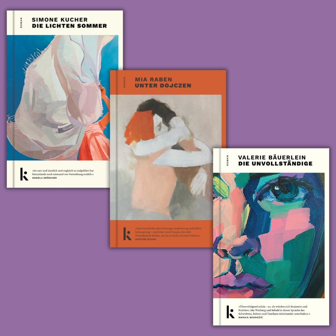 Buchcover des Bundles '3 Deutsche Debüts - 3 Autorinnen - Bäuerlein / Raben / Kucher' mit farbenfrohen Illustrationen. Enthält Werke über moderne Flaneurinnen, Freundschaft und Flucht.