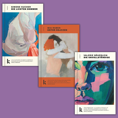 Buchcover des Bundles '3 Deutsche Debüts - 3 Autorinnen - Bäuerlein / Raben / Kucher' mit farbenfrohen Illustrationen. Enthält Werke über moderne Flaneurinnen, Freundschaft und Flucht.