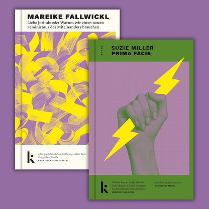 BUNDLE - SMASH THE PATRIARCHY (signiert - Fallwickl und Miller) mit zwei feministischen Büchern: 'Liebe Jorinde' und 'Prima Facie' auf lila Hintergrund.