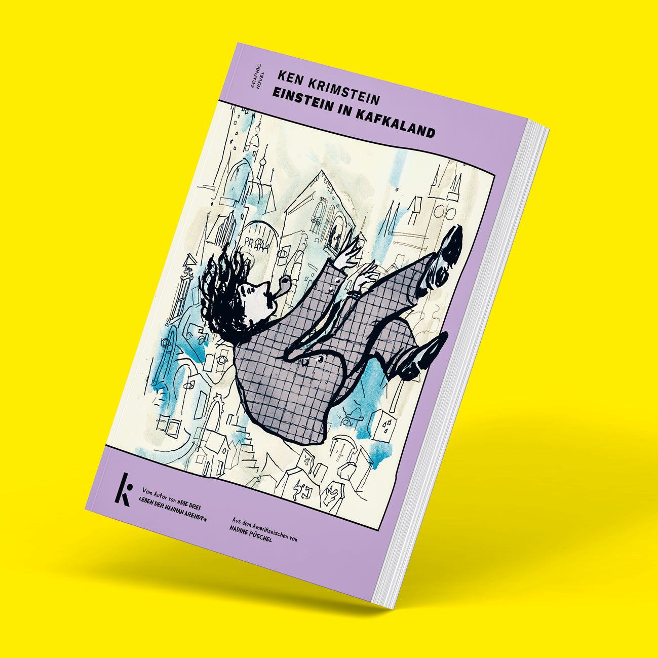 Graphic Novel 'Einstein in Kafkaland' von Ken Krimstein mit violettem Cover und Illustration von Einstein im freien Fall über Prag.