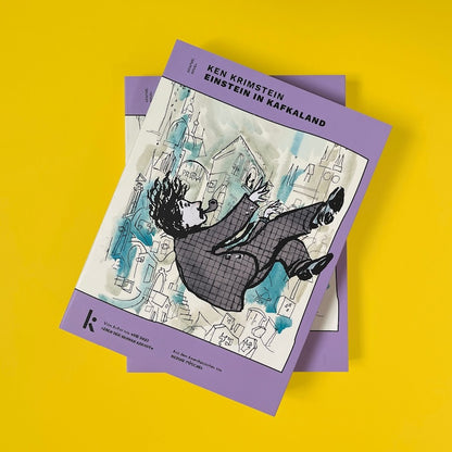 Zwei Exemplare der Graphic Novel 'Einstein in Kafkaland' von Ken Krimstein übereinandergelegt auf gelbem Hintergrund.