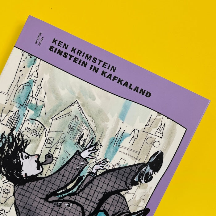 Nahaufnahme des Covers von 'Einstein in Kafkaland' mit Titel und Illustration von Einstein über Prag auf violettem Hintergrund.