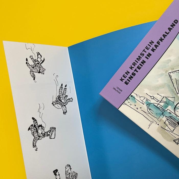 Illustration auf der Innenseite des Buchdeckels von 'Einstein in Kafkaland', die Einstein in verschiedenen Fallpositionen zeigt.