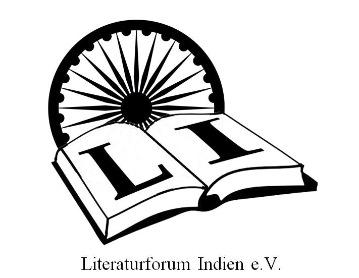 Logo des Literaturforum Indien e. V. mit einem geöffneten Buch (Initialen L und I) vor dem indischen Ashoka-Chakra Rad.