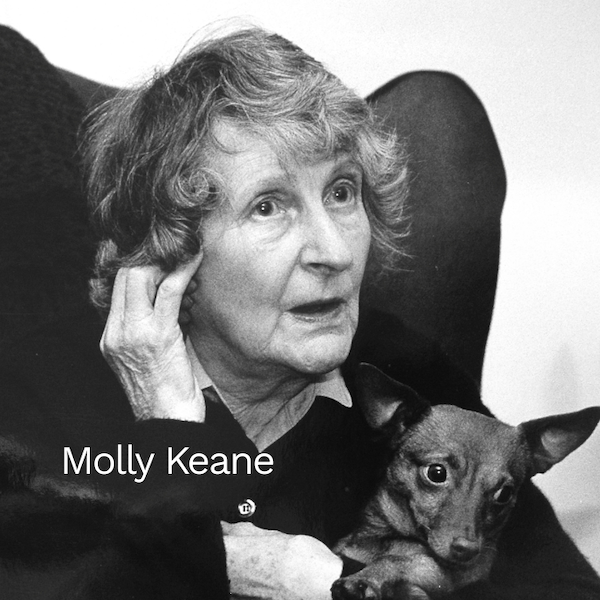 Schwarz-Weiß-Porträt der Autorin Molly Keane mit Hund, Urheberrecht Annie Nicholson