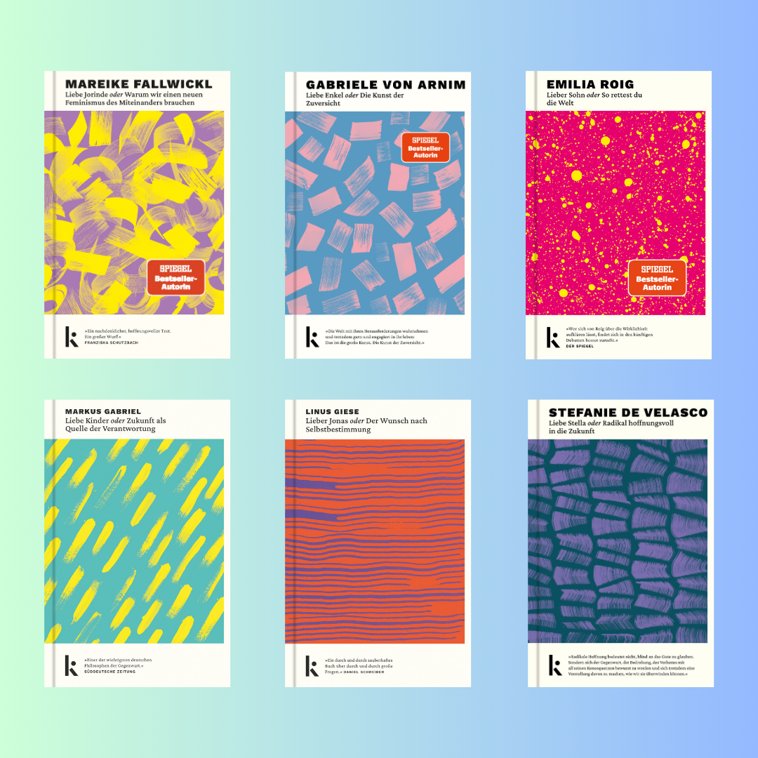 Übersicht des Buch-Bundles „Briefe an die kommenden Generationen“ mit 6 Bänden von Mareike Fallwickl, Gabriele von Arnim, Emilia Roig, Markus Gabriel, Linus Giese und Stefanie de Velasco in bunt gestalteten Covern.