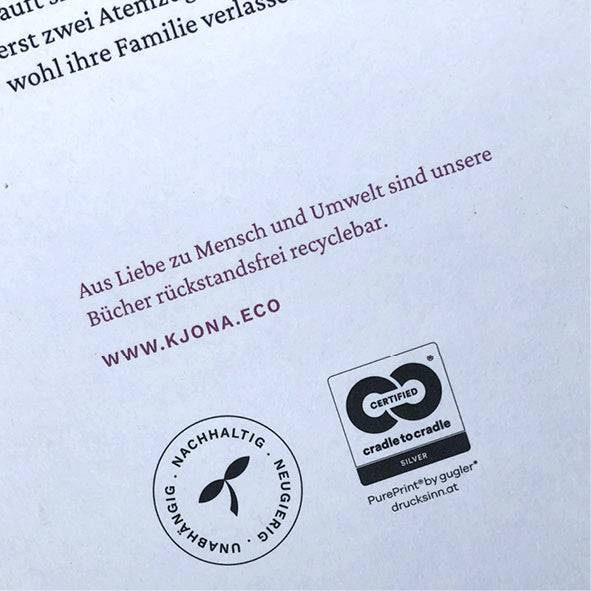 Ausschnitt der Rückseite von »Unberechenbar« mit Hinweisen zur Nachhaltigkeit.